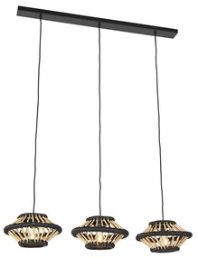 Lampă de suspendare orientală din bambus cu 3 lumini neagră alungită - Evalin