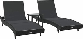 vidaXL Șezlong 3 pcs Negru 197 x 70 x 82 cm poliratan
