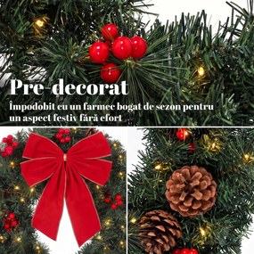 HOMCOM Coroniță de Crăciun de 60 cm cu Lumini LED, Conuri de Brad și Bobițe, Verde | Aosom Romania