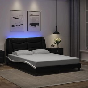 vidaXL Cadru de pat cu LED, negru și alb, 140x200 cm, piele ecologică