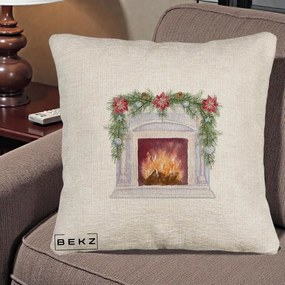 Perna Decorativa Semineu de Craciun Watercolor, 40x40 cm, Bej Canapea, Husa Detasabila, Perna Inclusa, BEKZ®