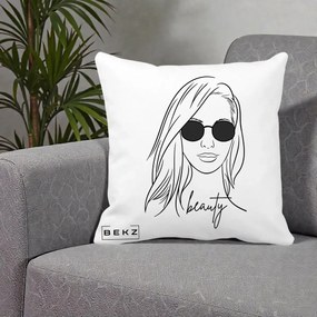 Perna Decorativa Beauty Girl Line Art, 40x40 cm, Alba Mata, Husa Detasabila, Perna Inclusa, BEKZ®