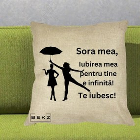 Cadou pentru Sora - Perna Personalizata Sora Mea Te Iubesc Siluete Negre cu Umbrela, 40x40 cm, Crem, Husa Detasabila, Perna Inclusa, BEKZ®