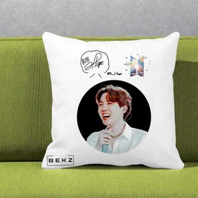 Perna Personalizata K-pop BTS J-Hope Portret cu Autograf, 40x40 cm, Alba Mata, Husa Detasabila, Perna Inclusa, BEKZ®
