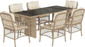 vidaXL Set de masă pentru grădină, 7 piese, cu perne, bej, poliratan
