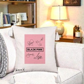 Perna Personalizata K-pop BLACKPINK Semnaturi Roz, 40x40 cm, Bej cu Franjuri, Husa Detasabila, Perna Inclusa, BEKZ®