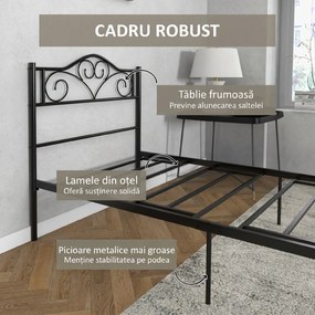 Structura Pat HOMCOM, 1 loc din Otel 900x200cm, Sipci Integrate, Tetiera si Tablie, Negru | Aosom Romania