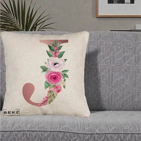 Cadou Personalizat - Perna Personalizata Monograma Rose Gold Litera J, 40x40 cm, Bej Canapea, Husa Detasabila, Perna Inclusa, BEKZ®