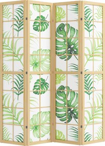 HOMCOM Separator de cameră 4 piese, pliabil, design boho, motiv tropical, separator independent, cadru din lemn, verde | Aosom Romania