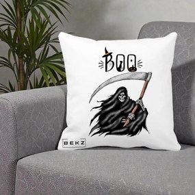 Perna Decorativa Halloween Boo Grim Reaper cu Coasa, 40x40 cm, Alba Mata, Husa Detasabila, Perna Inclusa, BEKZ®