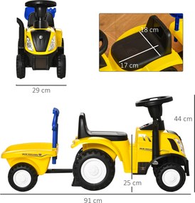 Tractor pentru Copii 12-36 Luni HOMCOM, Prevazut cu Loc cu Remorca, Grebla si Lopata, Joc Educativ, 91x29x44cm, Galben | Aosom Romania