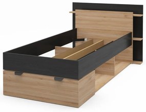 Pat negru/în culoare naturală cu aspect de lemn de stejar cu spațiu de depozitare fără somieră 90x200 cm Albo – Marckeric
