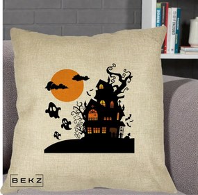 Perna Decorativa Halloween Casa Bantuita cu Fantome, 40x40 cm, Crem, Husa Detasabila, Perna Inclusa, BEKZ®