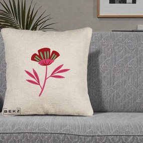 Perna Decorativa Floare Macul Roz-Rosu Grafic, 40x40 cm, Bej Canapea, Husa Detasabila, Perna Inclusa, BEKZ®