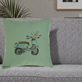 Perna Decorativa Scuter Albastru cu Flori Acuarela, 40x40 cm, Verde, Husa Detasabila, Perna Inclusa, BEKZ®