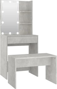vidaXL Set măsuță de toaletă cu LED, gri beton, lemn prelucrat