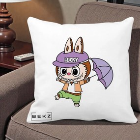 Perna Personalizata Labubu Lucky cu Umbrela, 40x40 cm, Alba Mata, Husa Detasabila, Perna Inclusa, BEKZ®