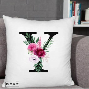 Cadou Personalizat - Perna Personalizata Monograma Florala Litera Y cu Buchet, 40x40 cm, Alb Pufos, Husa Detasabila, Perna Inclusa, BEKZ®