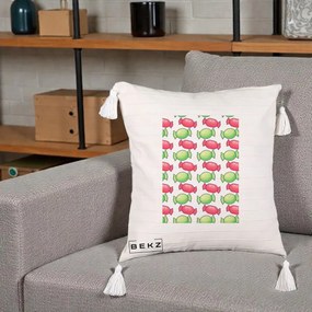 Perna Decorativa Bomboane Craciun Pattern, 40x40 cm, Bej cu Franjuri, Husa Detasabila, Perna Inclusa, BEKZ®