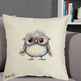 Perna Decorativa Pui Pufos cu Ochelari Roz, 40x40 cm, Ecru, Husa Detasabila, Perna Inclusa, BEKZ®