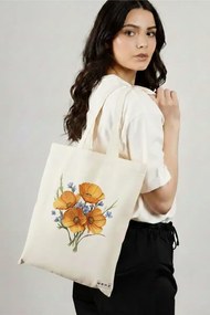 Sacosa de Panza pentru Cumparaturi, Geanta Tote, model Flowers 12 38 x 34.5 cm, Alba, BEKZ®