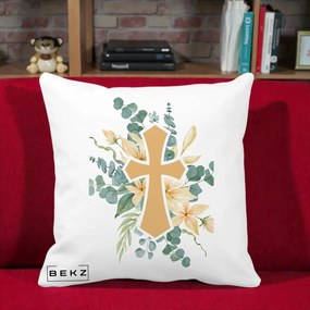 Perna Personalizata Cruce Florala Botez, 40x40 cm, Alba Mata, Husa Detasabila, Perna Inclusa, BEKZ®