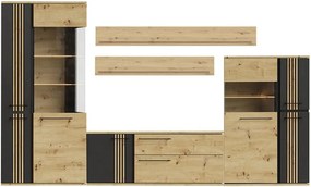 Mobilier living MOLTO A, stejar artisan/negru, PAL/sticla, cu iluminar