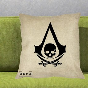 Perna Personalizata Assassin's Creed Black Flag Skull, 40x40 cm, Crem, Husa Detasabila, Perna Inclusa, BEKZ®