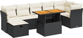 vidaXL Set mobilier grădină perne 8 piese negru, poliratan/lemn acacia