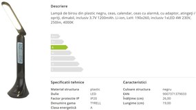 Veioza LED dimabila / Lampa de birou cu touchdimer TYRELL neagra 58329B GL