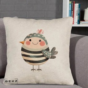 Perna Decorativa Pui Kawaii Teal cu Flori, 40x40 cm, Bej Canapea, Husa Detasabila, Perna Inclusa, BEKZ®