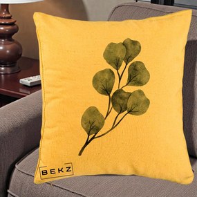 Perna Decorativa Ramura Eucalipt Acuarela, 40x40 cm, Galben, Husa Detasabila, Perna Inclusa, BEKZ®