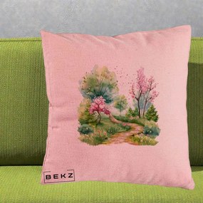 Perna Decorativa Gradina Primavara Acuarela, 40x40 cm, Roz, Husa Detasabila, Perna Inclusa, BEKZ®