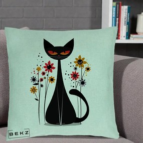 Perna Decorativa Pisica Neagra Ochi Rosii Flori, 40x40 cm, Verde Menta, Husa Detasabila, Perna Inclusa, BEKZ®
