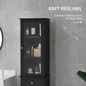 Kleankin Coloană de Baie Îngustă cu Dulap, Sertar și Rafturi din MDF, 40 x 27 x 171,5 Cm, Negru | Aosom Romania