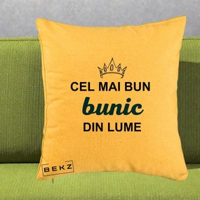Cadou pentru Bunic - Perna Personalizata Cel Mai Bun Bunic Din Lume Coroana Albastra, 40x40 cm, Galben, Husa Detasabila, Perna Inclusa, BEKZ®