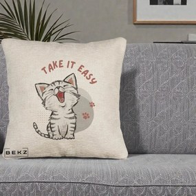 Perna Personalizata Take It Easy Cat, 40x40 cm, Bej Canapea, Husa Detasabila, Perna Inclusa, BEKZ®