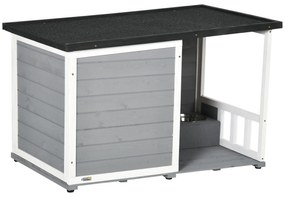 PawHut Căsuță pentru câini din lemn masiv, cu 2 boluri, verandă, rezistent la intemperii, 103 cm x 62 cm x 66 cm, Gri + Alb | Aosom Romania