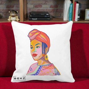 Perna Decorativa Portret Femeie Africana, 40x40 cm, Alba Mata, Husa Detasabila, Perna Inclusa, BEKZ®