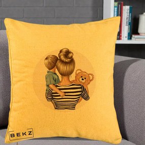 Cadou pentru Mama - Perna Personalizata Mama si Baietelul cu Ursulet, 40x40 cm, Galben, Husa Detasabila, Perna Inclusa, BEKZ®