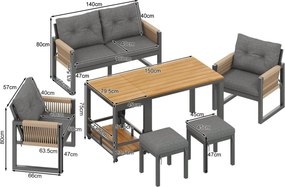 Set modern de canapea pentru exterior, masă detașabilă, cotiere împletite și perne groase de șezut, Gri+Culoare naturală