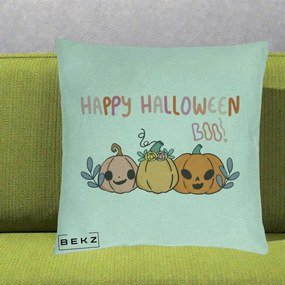Perna Decorativa Happy Halloween Boo Trei Dovlecei Kawaii, 40x40 cm, Verde Menta, Husa Detasabila, Perna Inclusa, BEKZ®