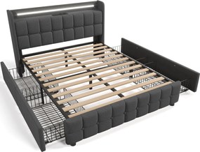 Pat cu tăblie USB și iluminare LED, 4 sertare, structură din lemn, tăblie tapițată, 140x200 cm, Gri