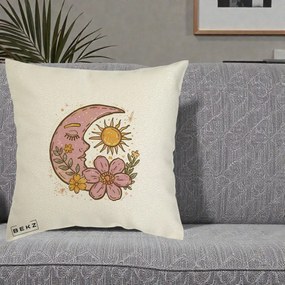Perna Personalizata Luna si Soare Floral Boho, 40x40 cm, Ecru, Husa Detasabila, Perna Inclusa, BEKZ®