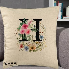 Cadou Personalizat - Perna Personalizata Monogram Litera H cu Flori Acuarela, 40x40 cm, Bej, Husa Detasabila, Perna Inclusa, BEKZ®