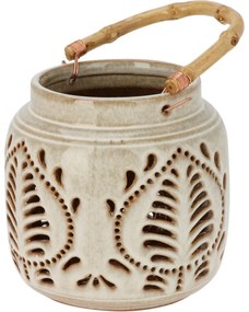 Felinar din porțelan cu mâner din bambus 14,5 x14 cm, bej