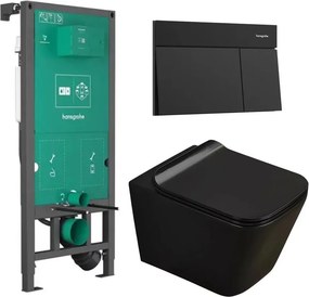 Set rezervor WC cu cadru incastrat Hansgrohe iFrame 112 cm si clapeta de actionare Element E negru mat plus vas WC Rune Jord cu capac softclose