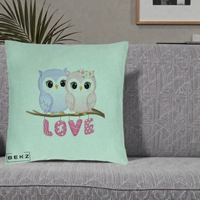 Perna Decorativa Love Bufnite Indragostite pe Crenguta Roz si Mov, 40x40 cm, Verde Menta, Husa Detasabila, Perna Inclusa, BEKZ®
