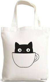 Sacosa de Panza pentru Cumparaturi, Geanta Tote, model Caffeine Cat 14 38 x 34.5 cm, Alba, BEKZ®