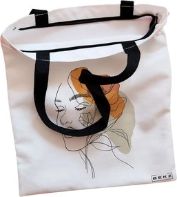 Sacosa de Panza pentru Cumparaturi, Geanta Tote, Flower Lady 12, Cu fermoar, 38x34.5 cm, Alba, BEKZ®